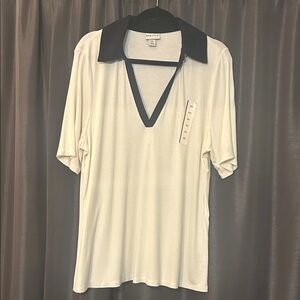 Ava & Viv Cream Polo with Black Collar and V-Neck Trim